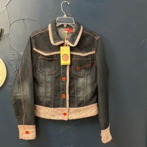 Johnny Girl Denim Tweed Trim Button Front Jacket Size L